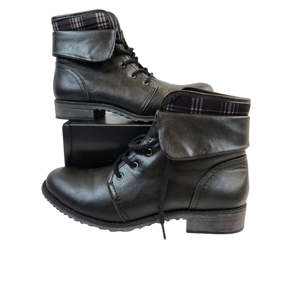 Cliffs Nadelle Women's 10M Black Faux Leather Combat Boots Foldover Plaid Lined